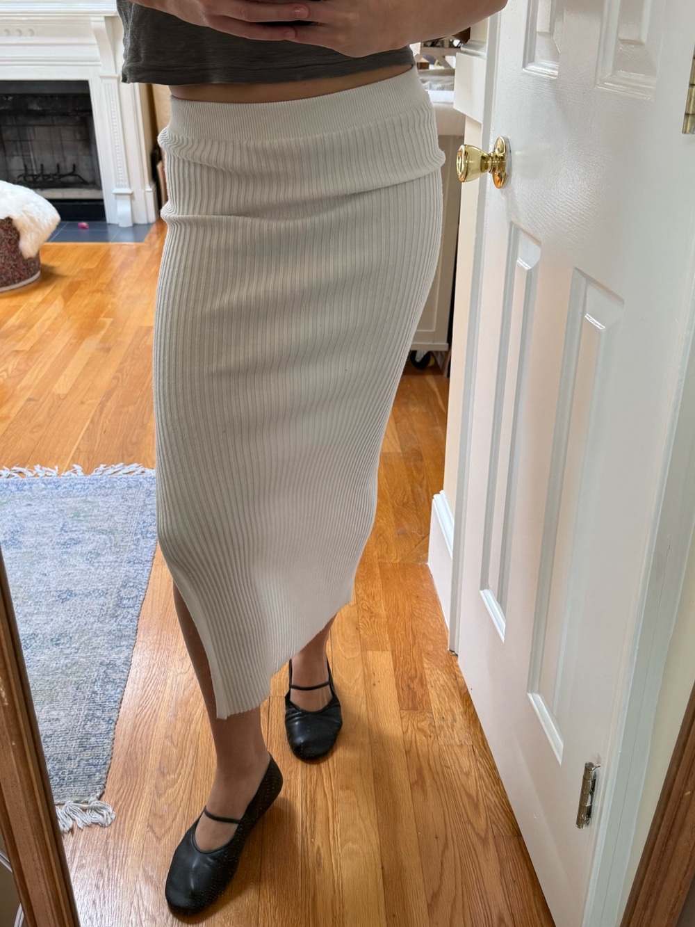 Ribbed Knit White Midi Skirt